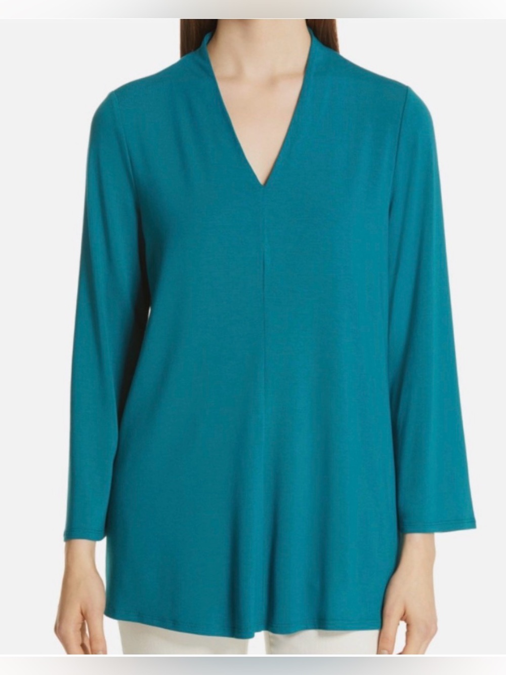 Eileen Fisher Teal V-Neck Long Sleeve Jersey Tunic Size XL Comfy